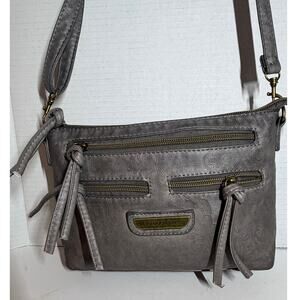Stone Mountain USA Gray Embossed Crossbody Purse Multi Zip Organizer Bag